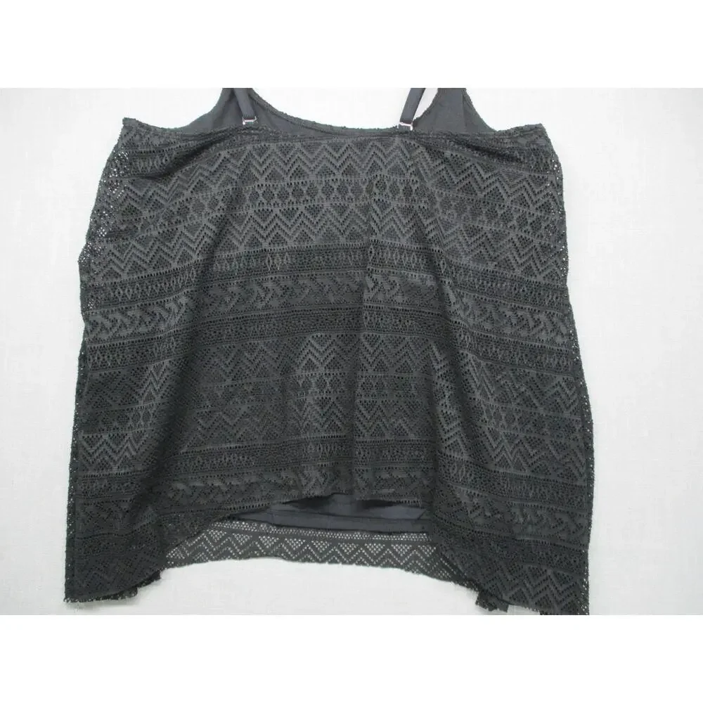 Black Patterned‎ Lace Sheer BOHO Asymmetrical Layered Swim Top Womens Size XXL